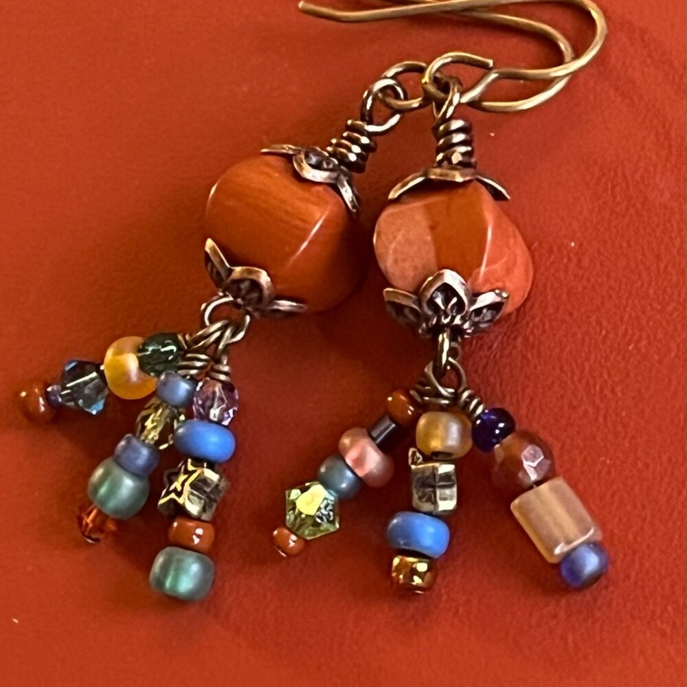 Red Jasper and Multicolor Boho Earrings, Colorful Beads Dangles, Wire Wrapped Ge